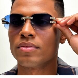 Rhinestone Rimless Sunglasses‎ Blue Lens Marble Gold Accents Street Wear Lentes